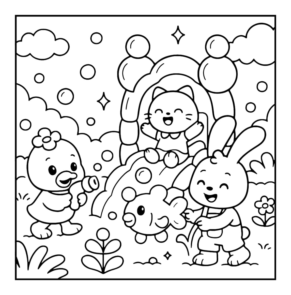 Bubble World Coloring Book interior line art 1