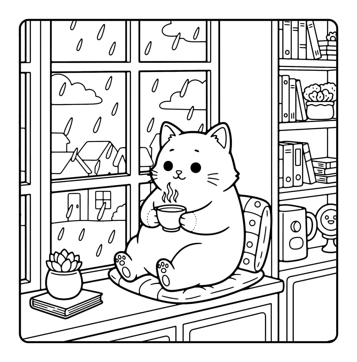 Cat Vibes Coloring Book interior line art 1