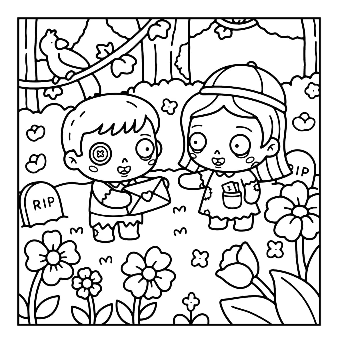 Chibi Zombie Love Coloring Book interior line art 1