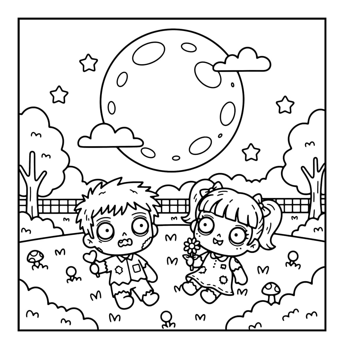 Chibi Zombie Love Coloring Book interior line art 2