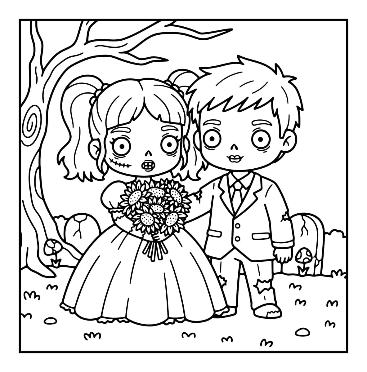 Chibi Zombie Love Coloring Book interior line art 3