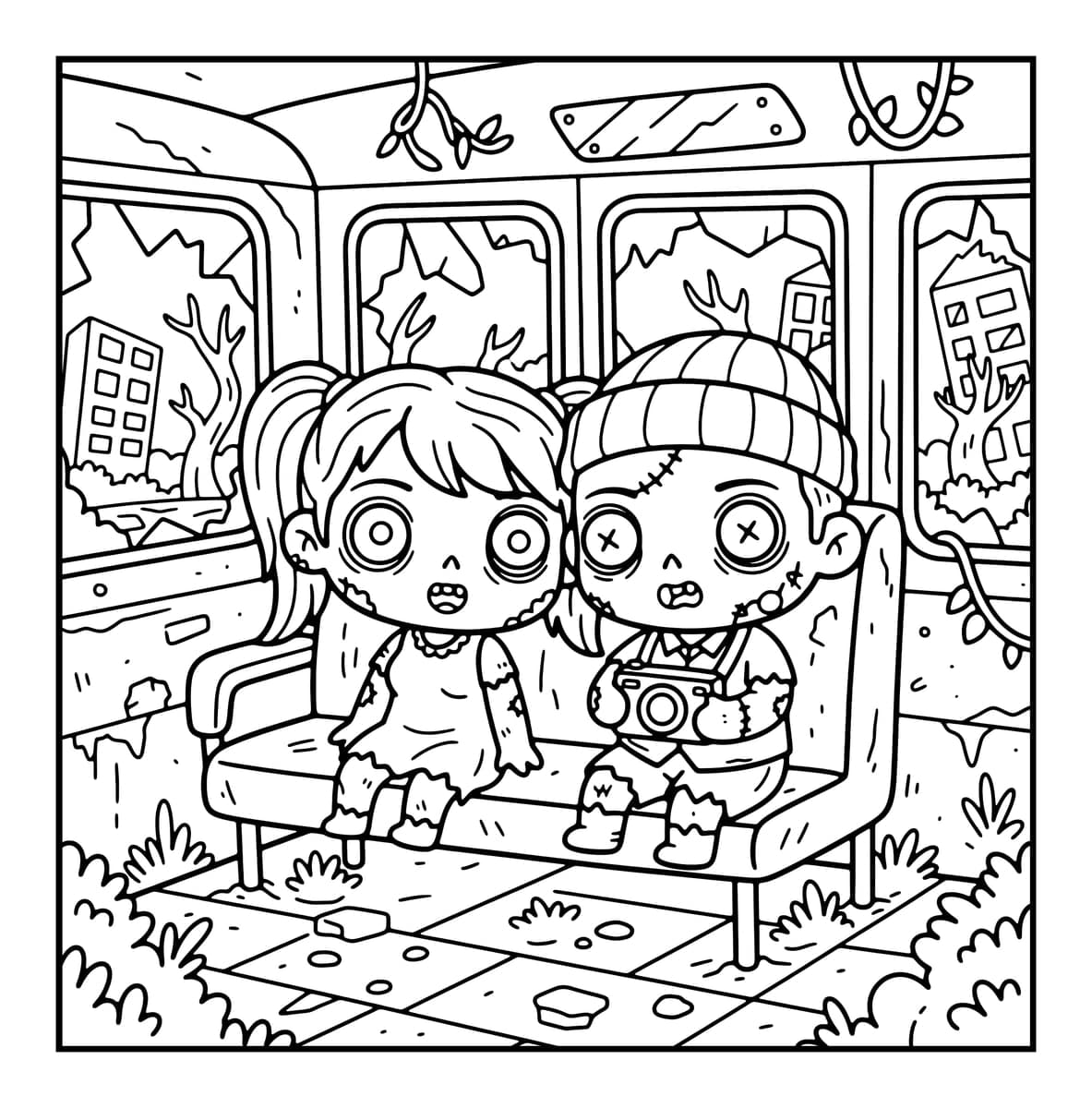 Chibi Zombie Love Coloring Book interior line art 4