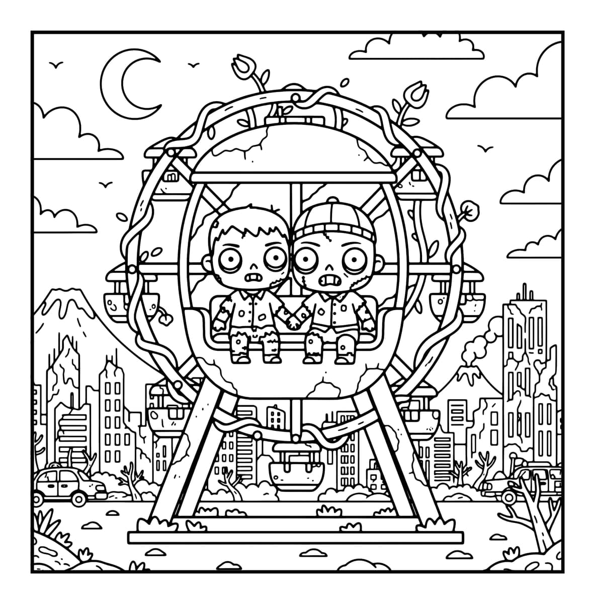 Chibi Zombie Love Coloring Book interior line art 5