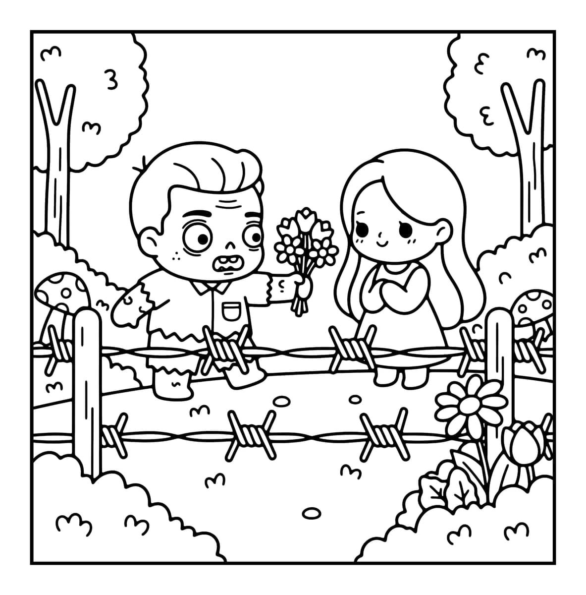 Chibi Zombie Love Coloring Book interior line art 7