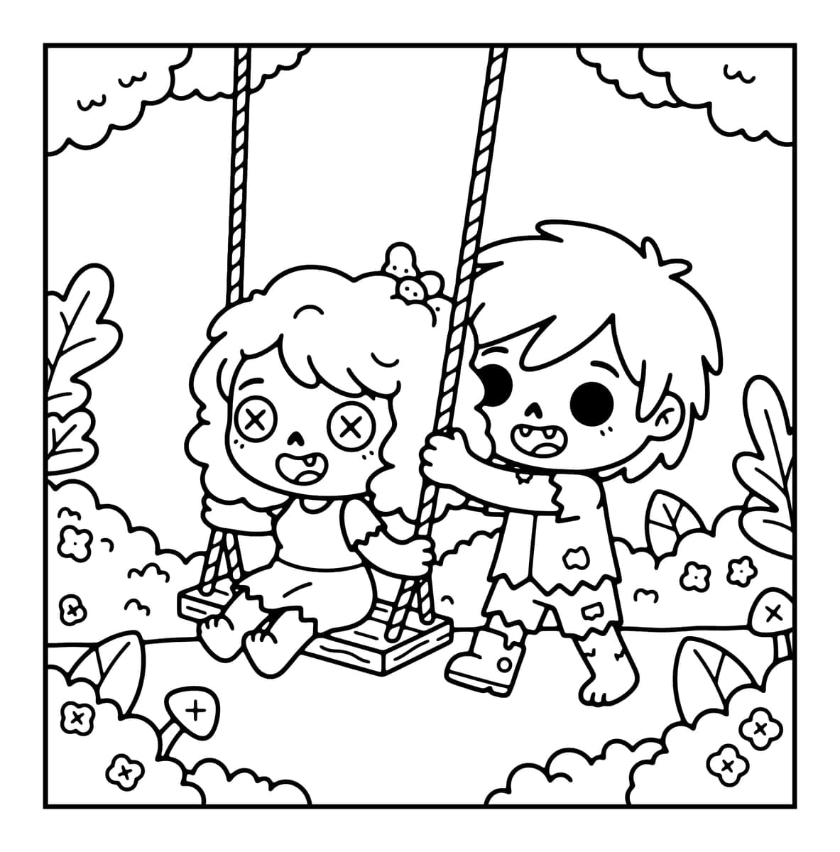 Chibi Zombie Love Coloring Book interior line art 8