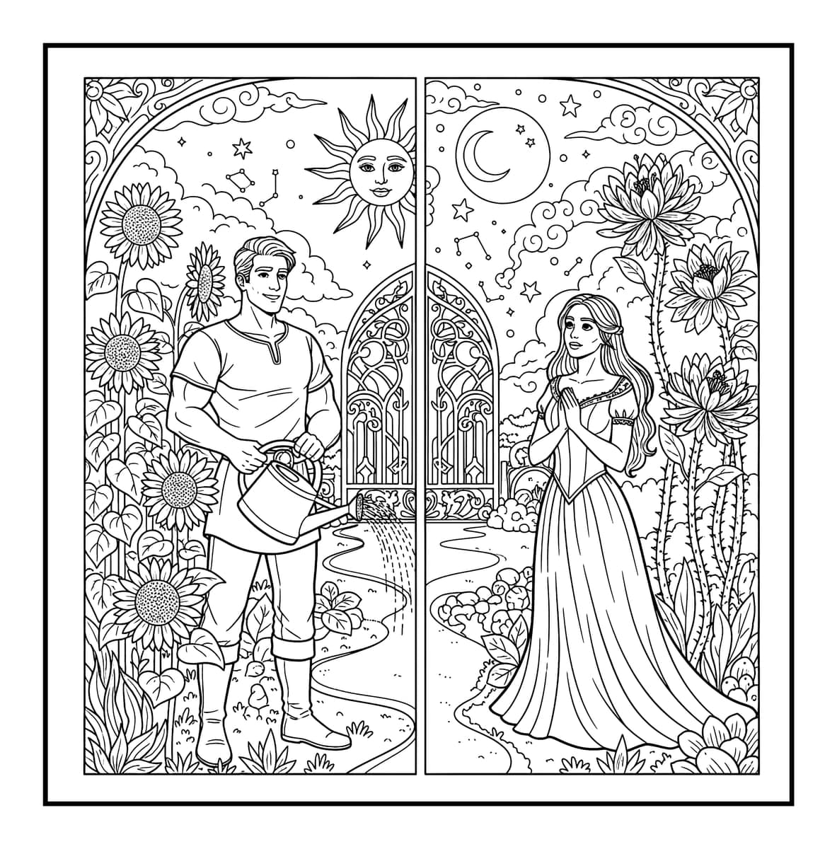 Miles Apart Love Fantasy Coloring Book interior line art 2