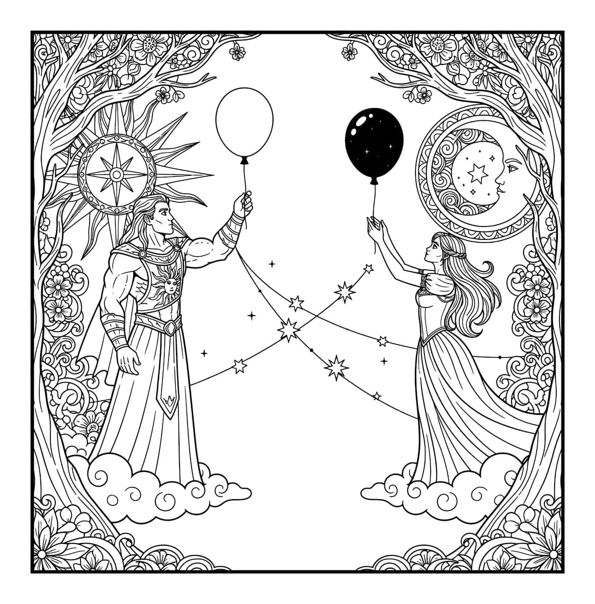 Miles Apart Love Fantasy Coloring Book interior line art 3