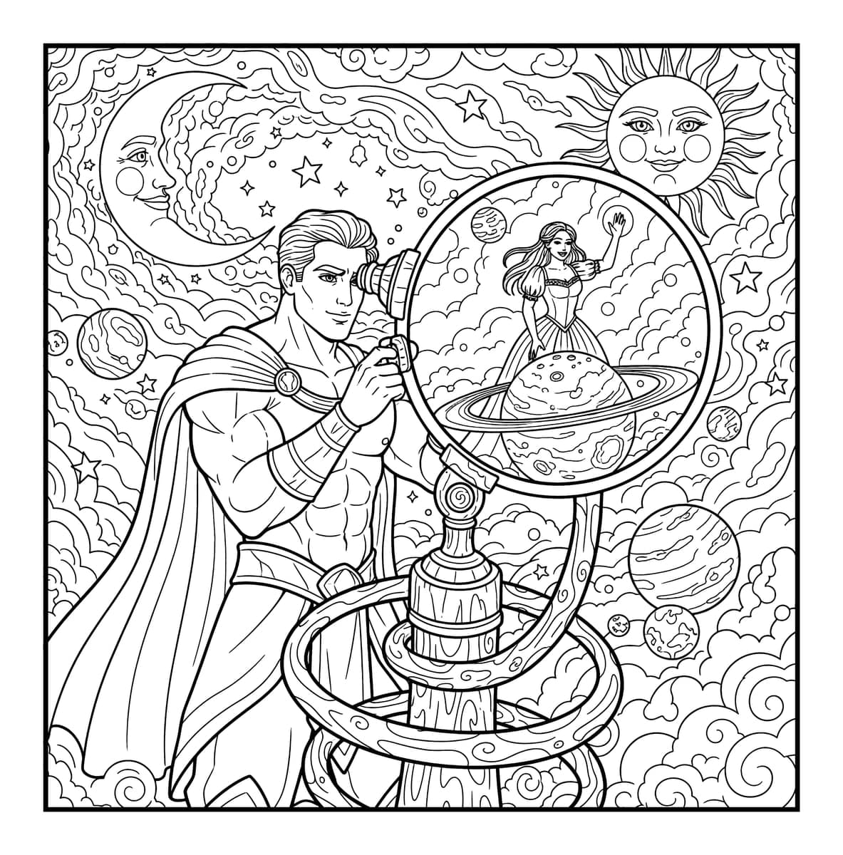 Miles Apart Love Fantasy Coloring Book interior line art 4
