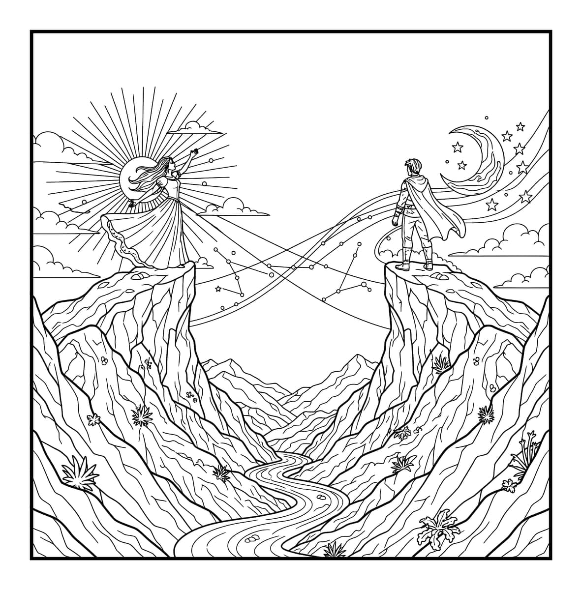 Miles Apart Love Fantasy Coloring Book interior line art 6
