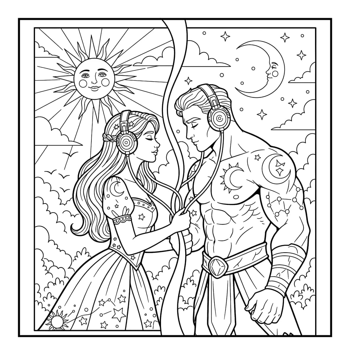 Miles Apart Love Fantasy Coloring Book interior line art 7