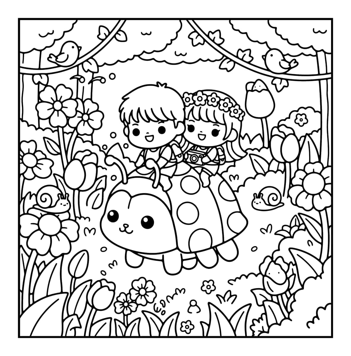 Tiny Couple Chibi Coloring Book interior line art 1