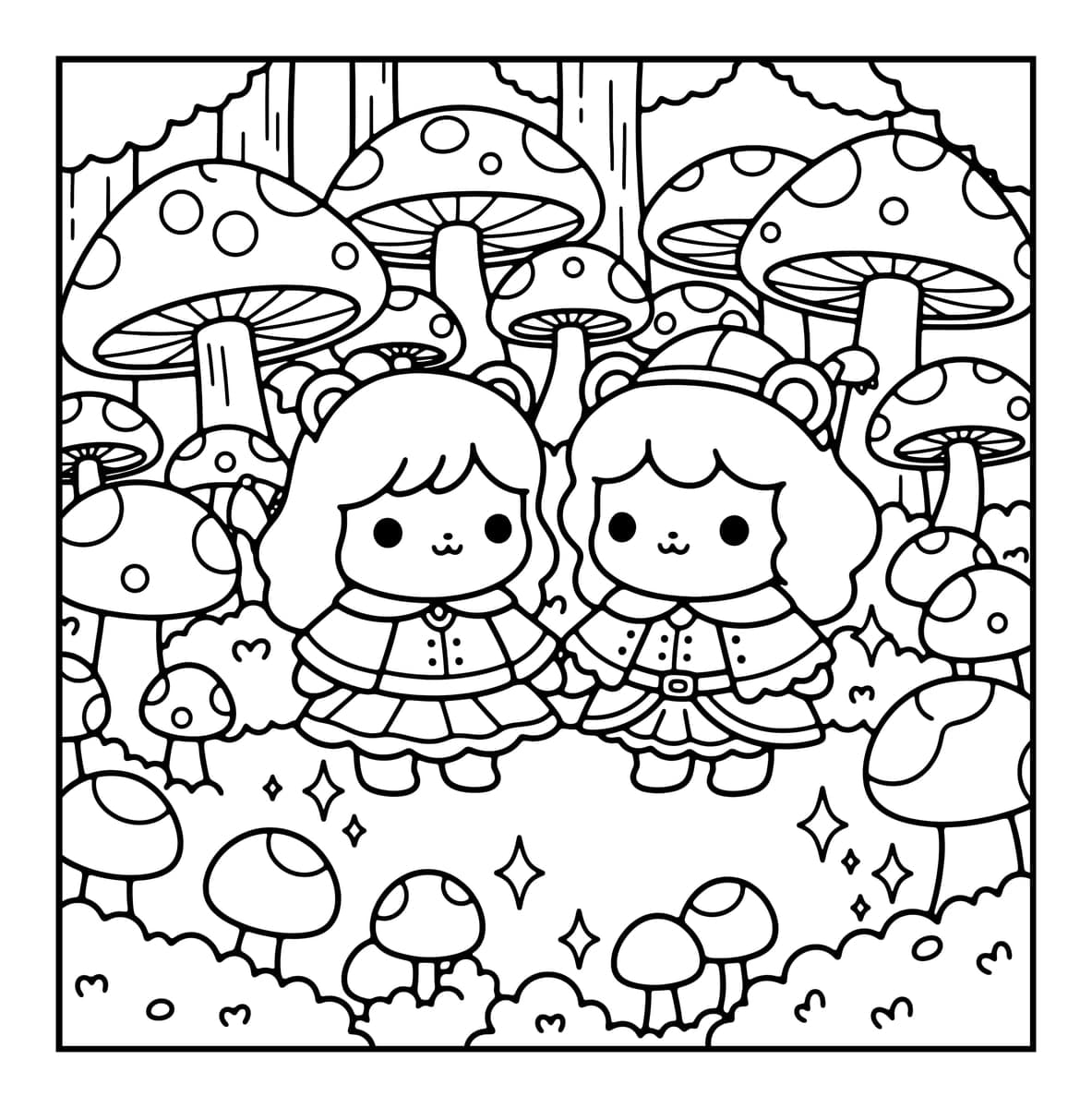 Tiny Couple Chibi Coloring Book interior line art 2