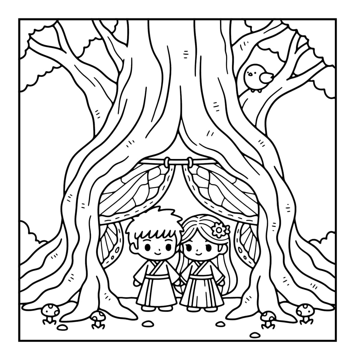 Tiny Couple Chibi Coloring Book interior line art 4