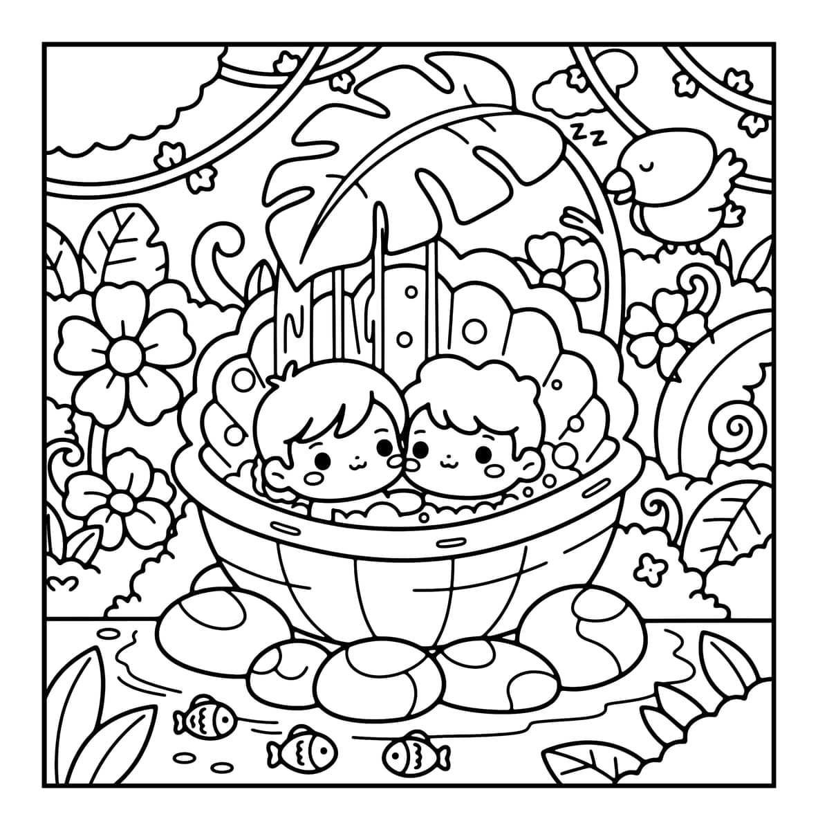 Tiny Couple Chibi Coloring Book interior line art 5