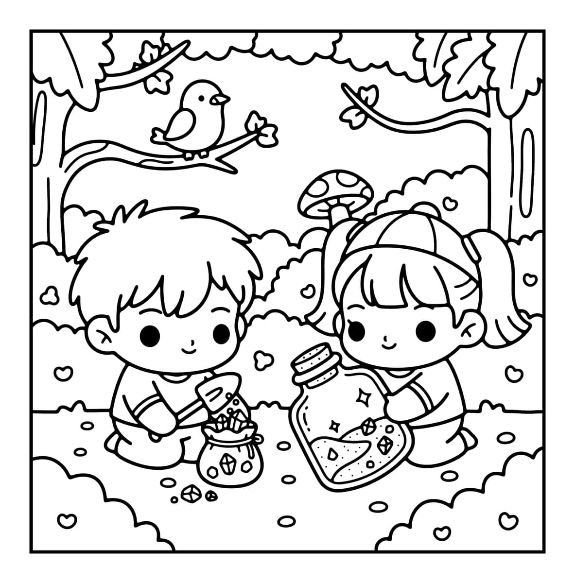 Tiny Couple Chibi Coloring Book interior line art 6