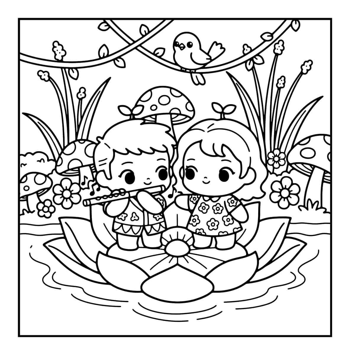 Tiny Couple Chibi Coloring Book interior line art 8