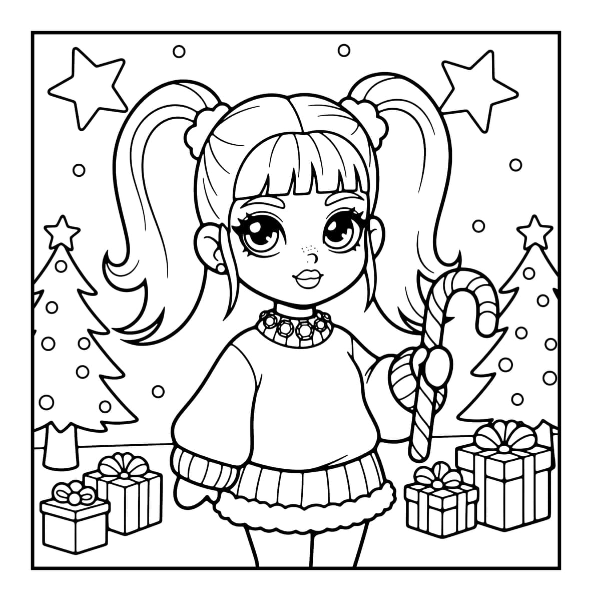 Y2K Holiday Vibes Coloring Book interior line art 1