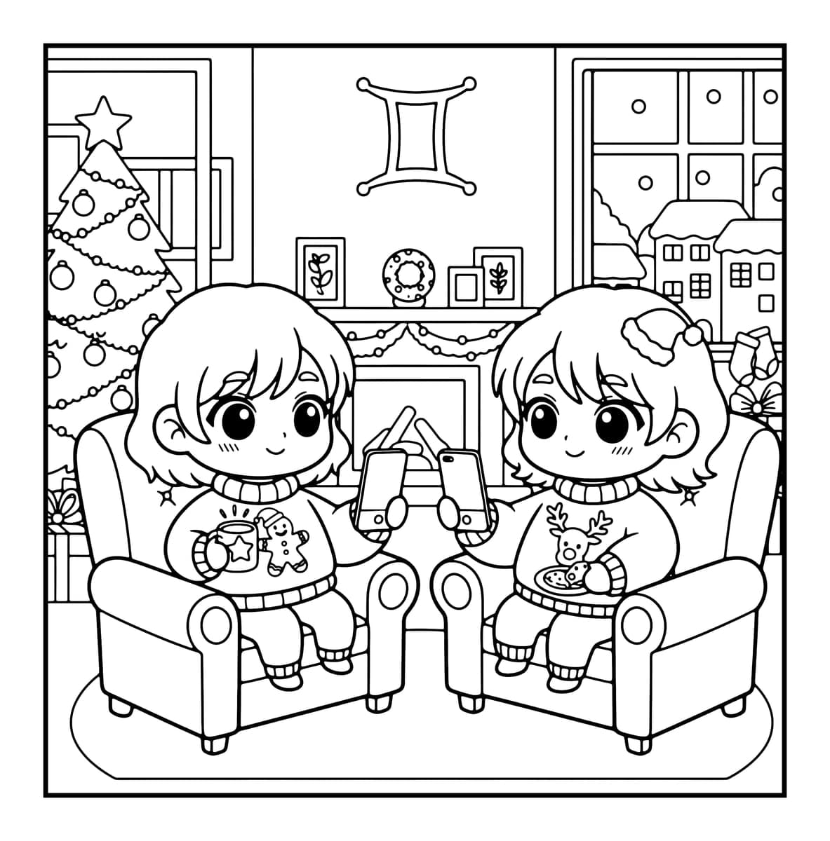 Zodiac Holiday Coloring Book interior line art 3