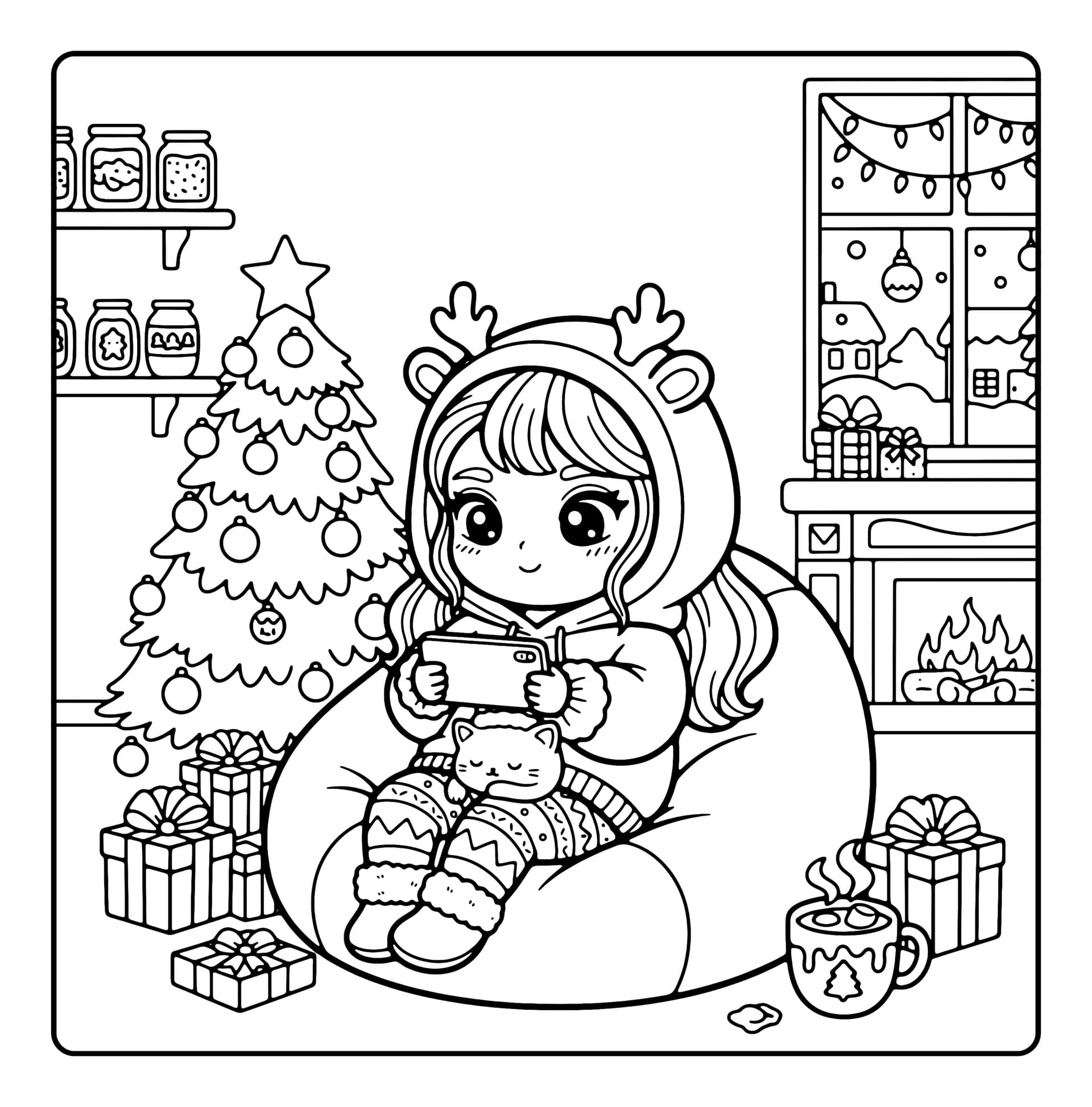 Christmas Girls Cute & Easy Coloring Book interior line art 4