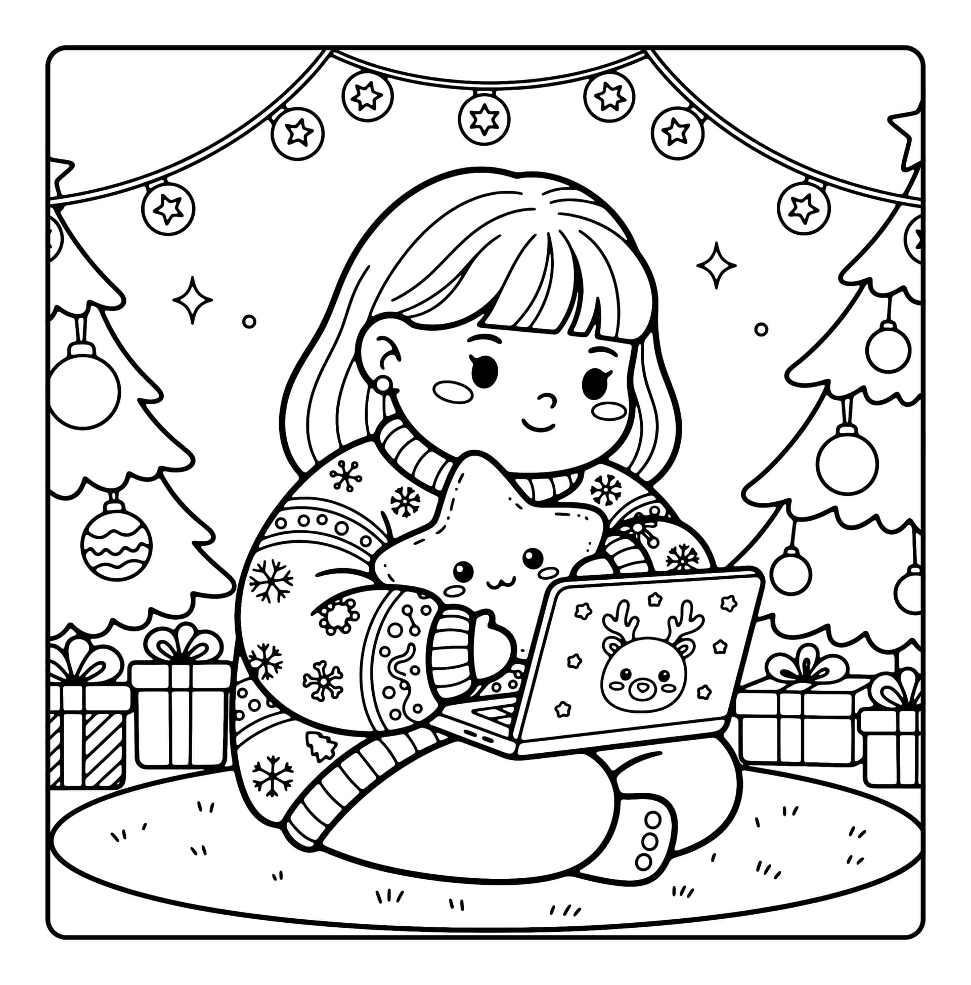 Christmas Girls Cute & Easy Coloring Book interior line art 5